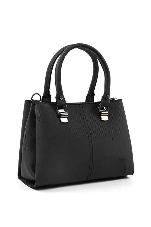 Black Faux Leather Zippered Handbag with 3 Compartments Adjustable Bag