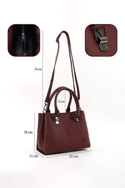 Brown Faux Leather Zippered Handbag with 3 Compartments Adjustable Bag