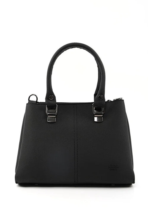 Black Faux Leather Zippered Handbag with 3 Compartments Adjustable Bag
