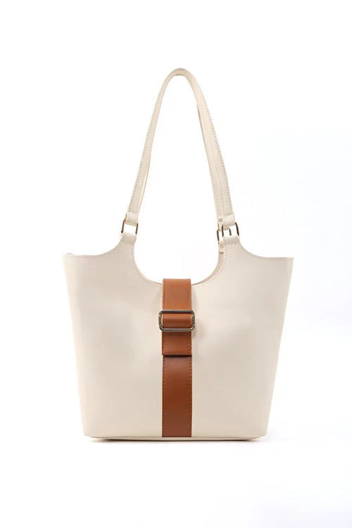 Brown Faux Leather Snap Closure Crossbody Hand Bag Single White