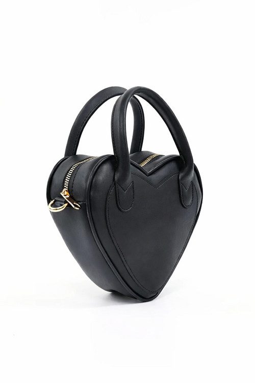 Black Heart Shaped Faux Leather Zipper Bag Single Compartment Hand Bag