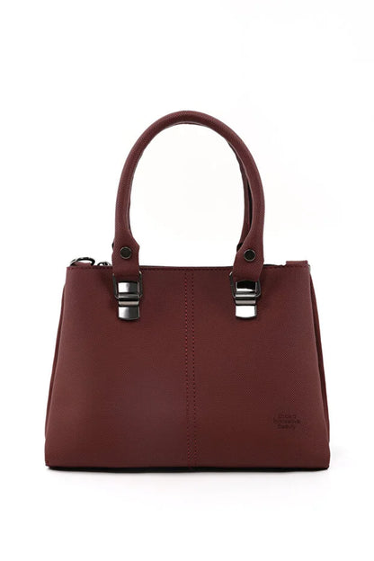 Brown Faux Leather Zippered Handbag with 3 Compartments Adjustable Bag