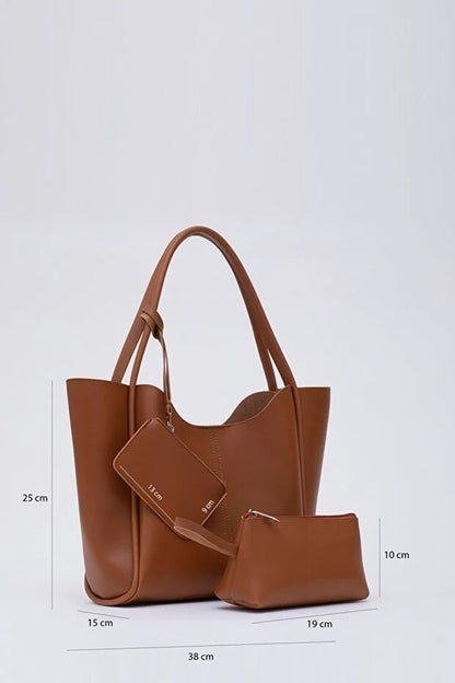 Tan SHK108 faux leather women hand and shoulder with wallet and makeup