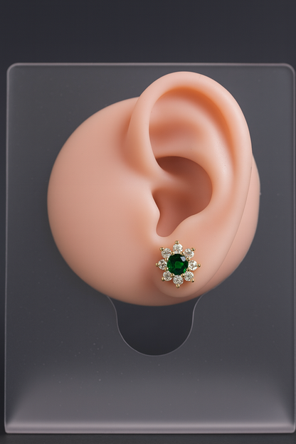 18K Gold Stud Earrings with Green Flower Cubic Zirconia
