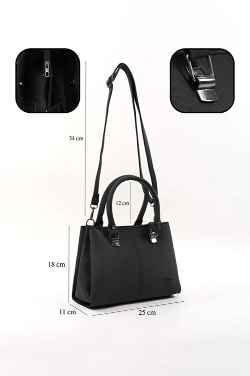 Black Faux Leather Zippered Handbag with 3 Compartments Adjustable Bag