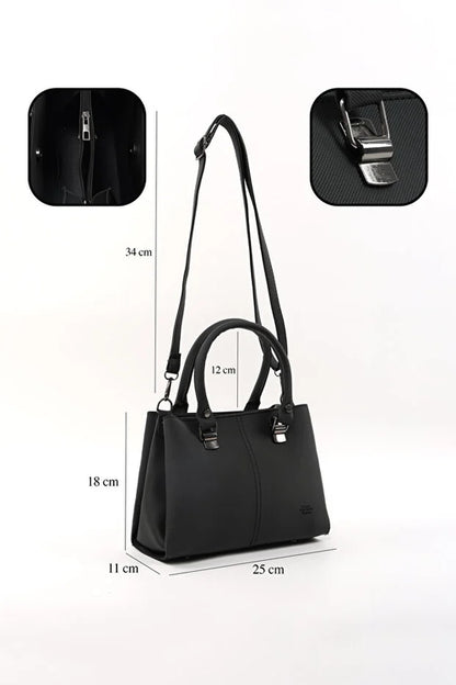 Black Faux Leather Zippered Handbag with 3 Compartments Adjustable Bag