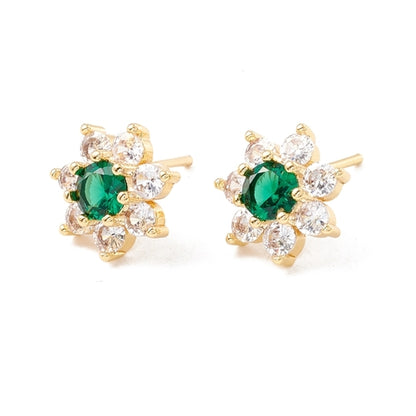 18K Gold Stud Earrings with Green Flower Cubic Zirconia