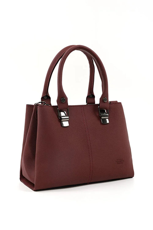 Brown Faux Leather Zippered Handbag with 3 Compartments Adjustable Bag
