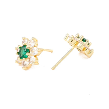 18K Gold Stud Earrings with Green Flower Cubic Zirconia