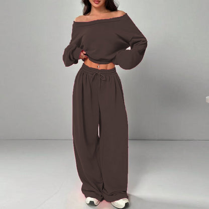Casual 2-piece Set One-shoulder Long-sleeved Sweatshirt Women's Suit Autumn New Fashion Elastic Waist Tie Loose Sports Trousers - Modernrush.us