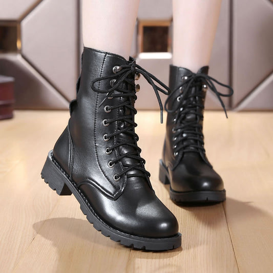 British Style Women's Martin Boots - Mid-Calf Leather