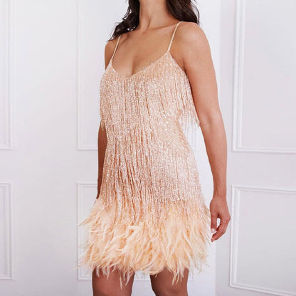 Abito mini estivo da donna sexy con nappine, paillettes e piume, scollo a V, spalline sottili e cuciture; abito da sera elegante da donna per feste e discoteche