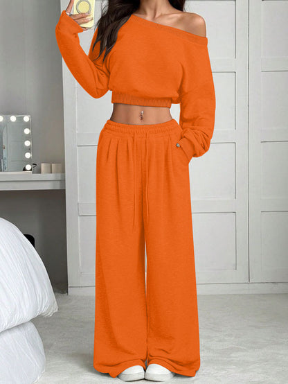 Casual 2-piece Set One-shoulder Long-sleeved Sweatshirt Women's Suit Autumn New Fashion Elastic Waist Tie Loose Sports Trousers - Modernrush.us