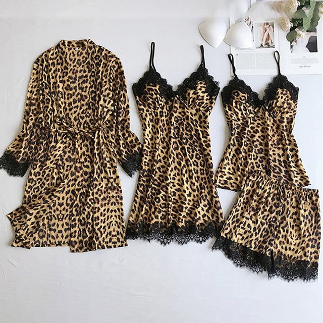 Leopard Print Satin Pajama Set for Women Loungewear