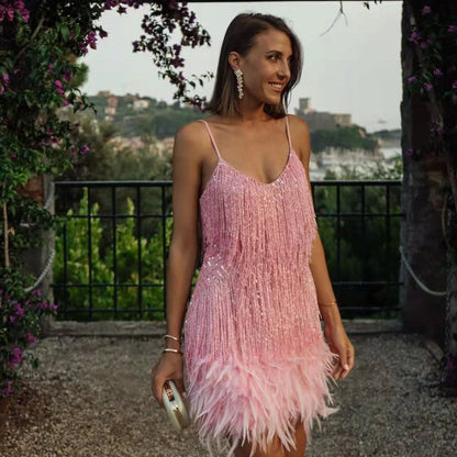 Abito mini estivo da donna sexy con nappine, paillettes e piume, scollo a V, spalline sottili e cuciture; abito da sera elegante da donna per feste e discoteche