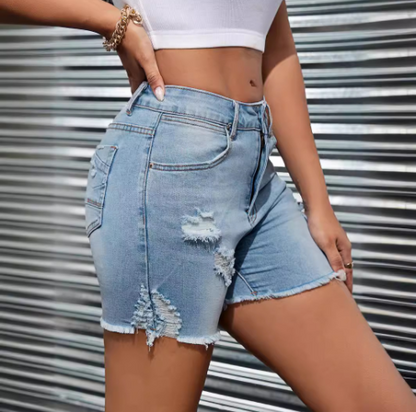 Women's High Waist Denim Shorts with Ripped Pockets - Modernrush.us