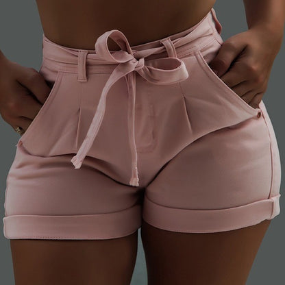 Belted Waist Tie Front Bow Knot Slim Fit Denim Shorts - Modernrush.us
