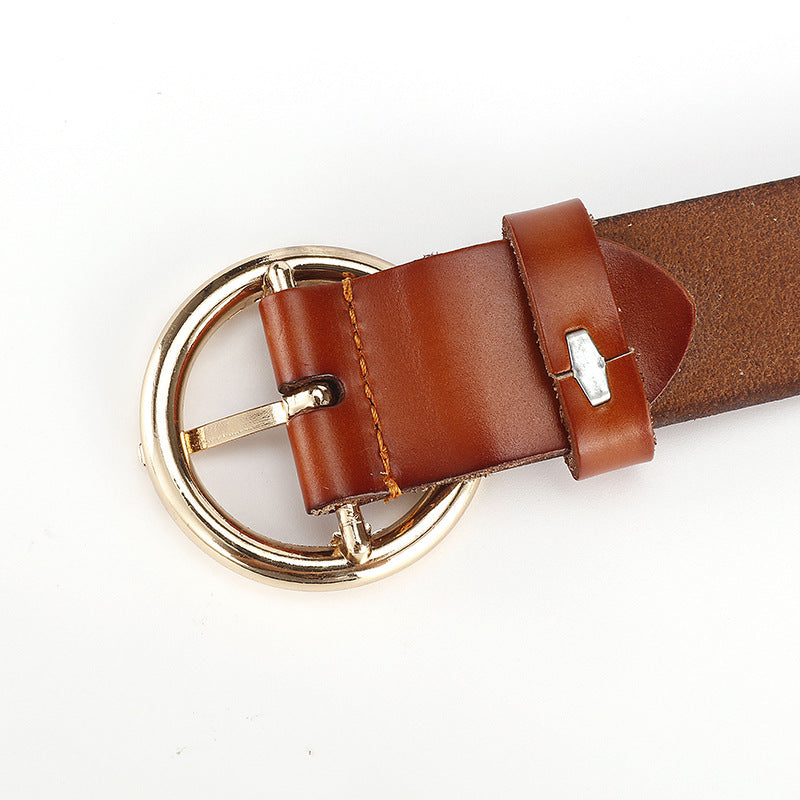 Women's Wide Leather Belt with Round Buckle for Jeans