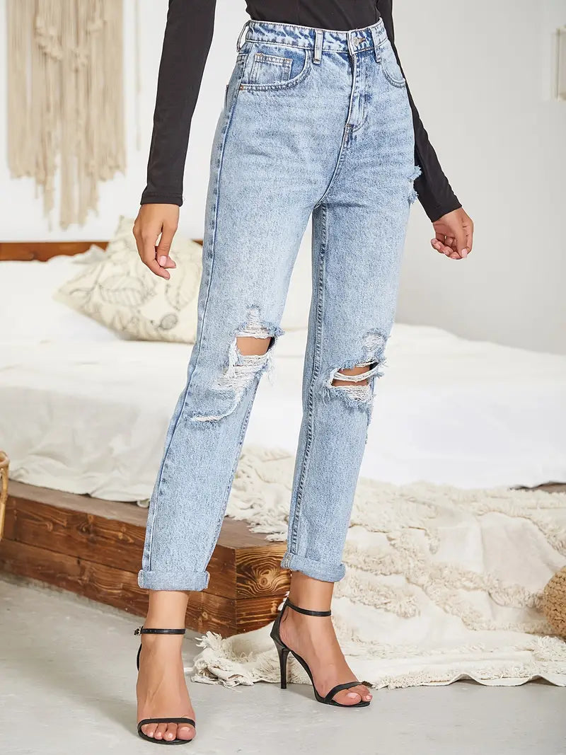 Light Blue Ripped Mom Jeans - High Waist Distressed Denim