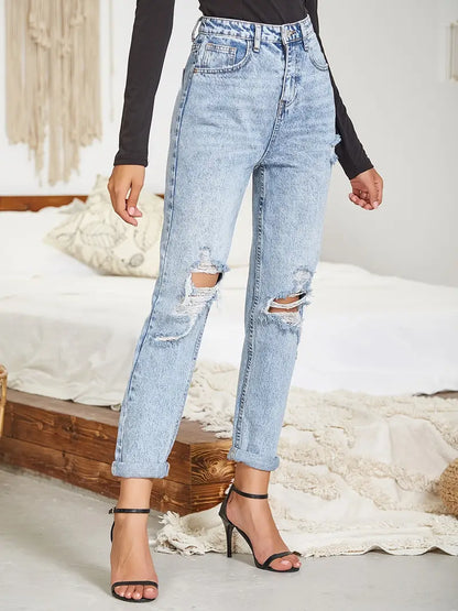 Light Blue Ripped Mom Jeans - High Waist Distressed Denim - Modernrush.us