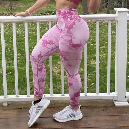 High Waist Tie-Dye Seamless Peach Yoga Tights - Modernrush.us