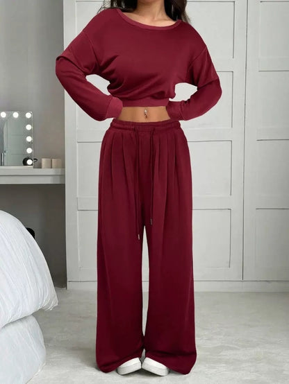 Casual 2-piece Set One-shoulder Long-sleeved Sweatshirt Women's Suit Autumn New Fashion Elastic Waist Tie Loose Sports Trousers - Modernrush.us