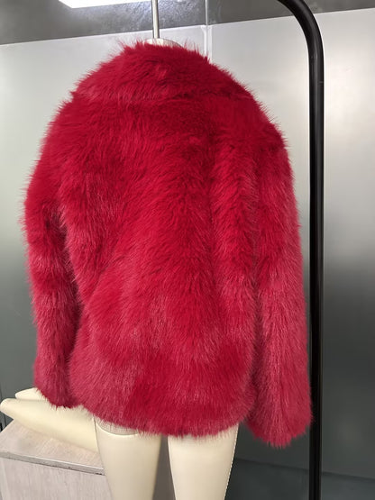 Women Vintage Bright Red Faux Fur Jacket, Loose Wide Collar Cropped Furry Outerwear - Modernrush.us