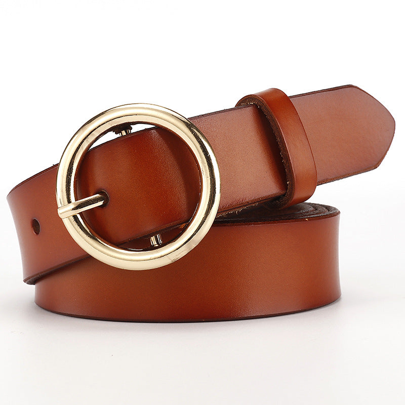 Women's Wide Leather Belt with Round Buckle for Jeans