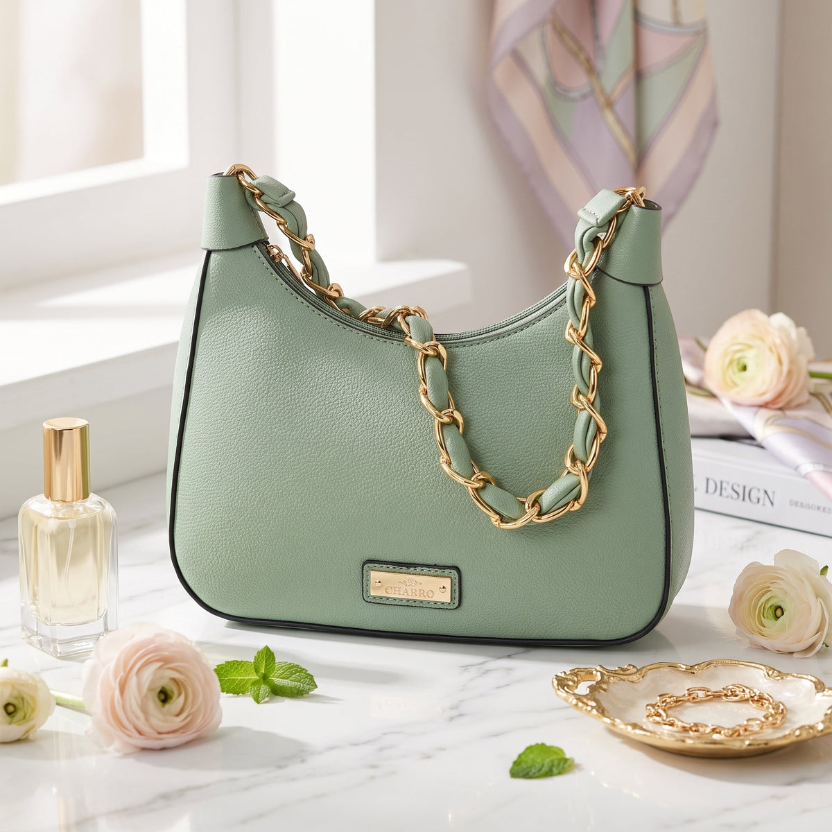 Hobo Bag Charro Verde con Catena Dorata e Tracolla Rimovibile