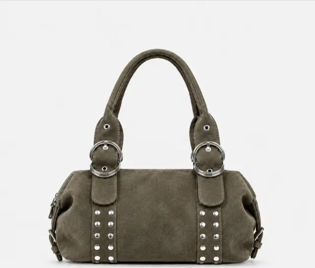 Vintage Studded Suede-Look Boston Shoulder Handbag with Top Handles