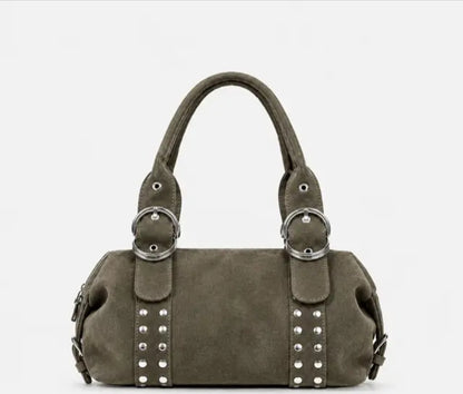 Vintage Studded Suede-Look Boston Shoulder Handbag with Top Handles