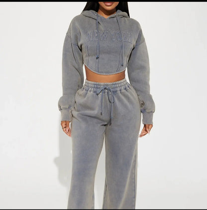 Washed New York Crop Hoodie & Wide-Leg Jogger Set - Modernrush.us