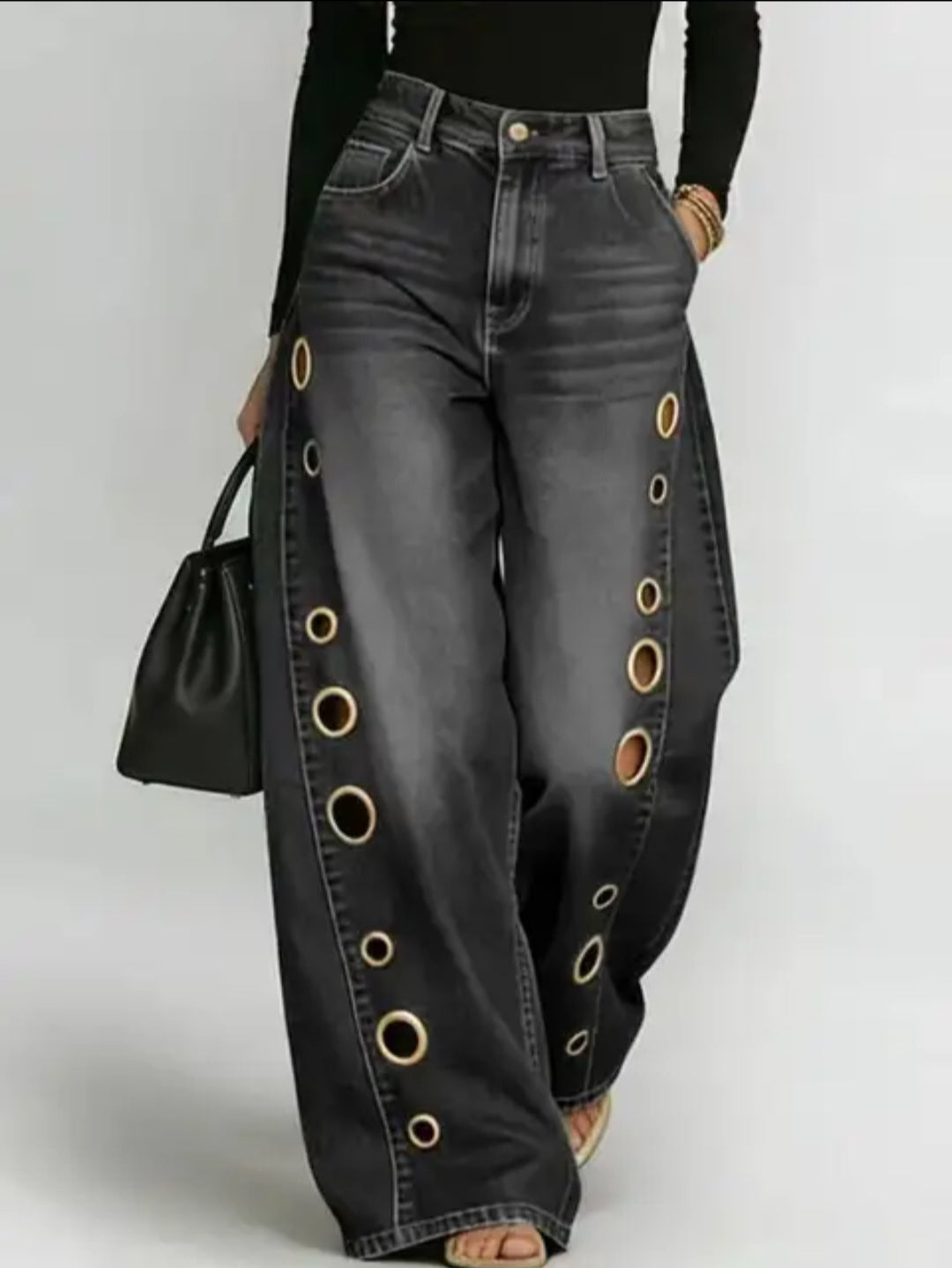 Metal Eyelet Grommet Wide-Leg Jeans