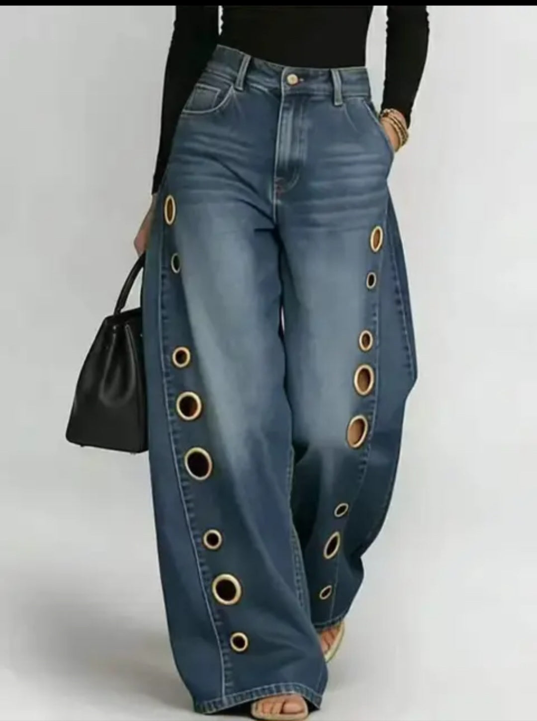Metal Eyelet Grommet Wide-Leg Jeans
