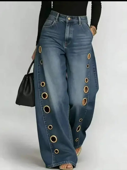 Metal Eyelet Grommet Wide-Leg Jeans - Modernrush.us