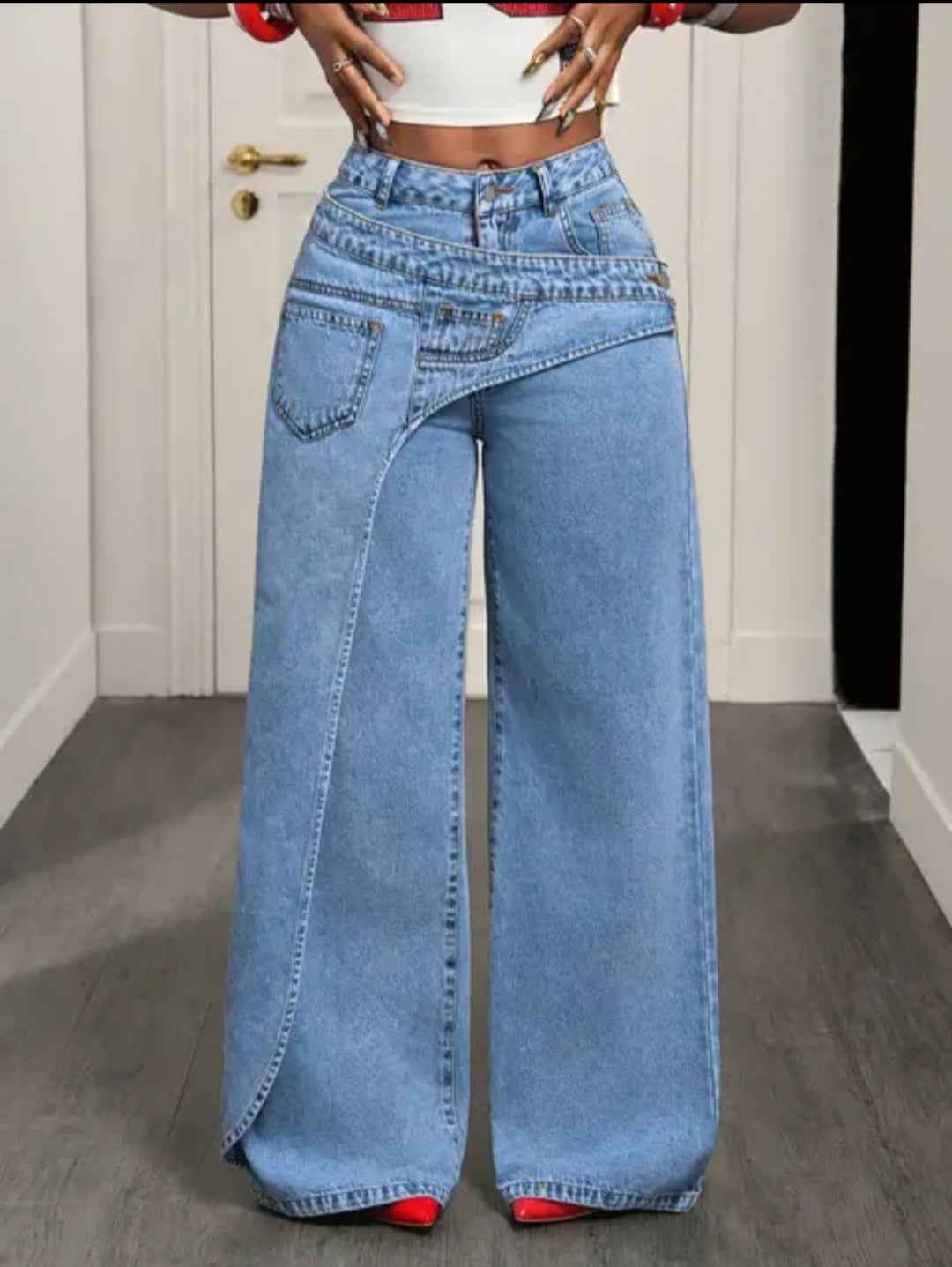 Asymmetrical Fold-Over Waist Wide-Leg Jeans