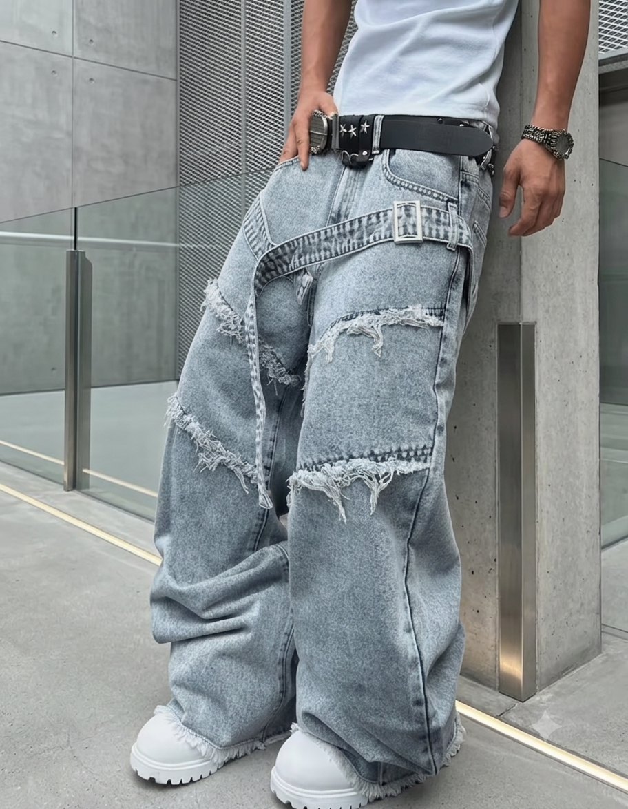 Y2K American Vintage Light Acid Wash Frayed Deconstructed Strap Baggy Stacked Wide Leg Jeans - Modernrush.us