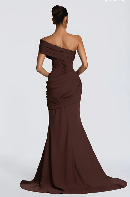 One-Shoulder Draped Mermaid Evening Gown with Train - Modernrush.us