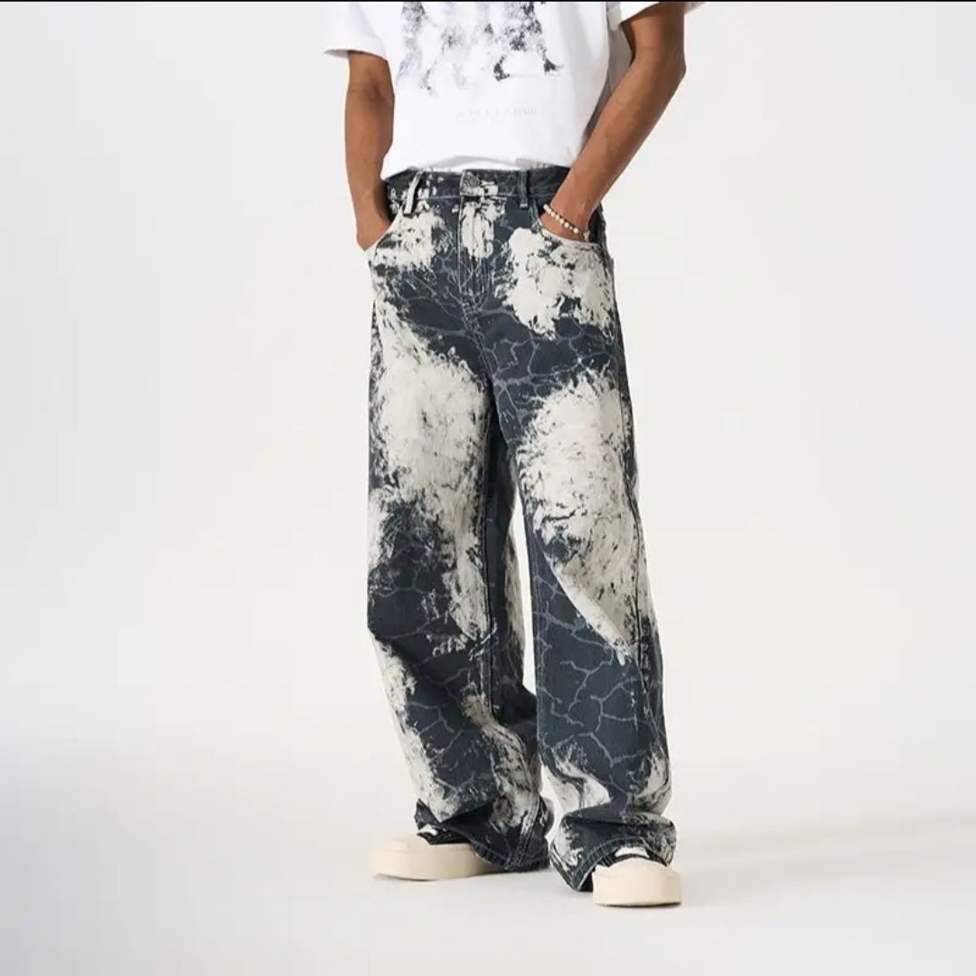 Men's Acid Cloud-Wash Baggy Wide-Leg Jeans / Jeans Baggy Uomo Gamba Larga Lavaggio Nuvola