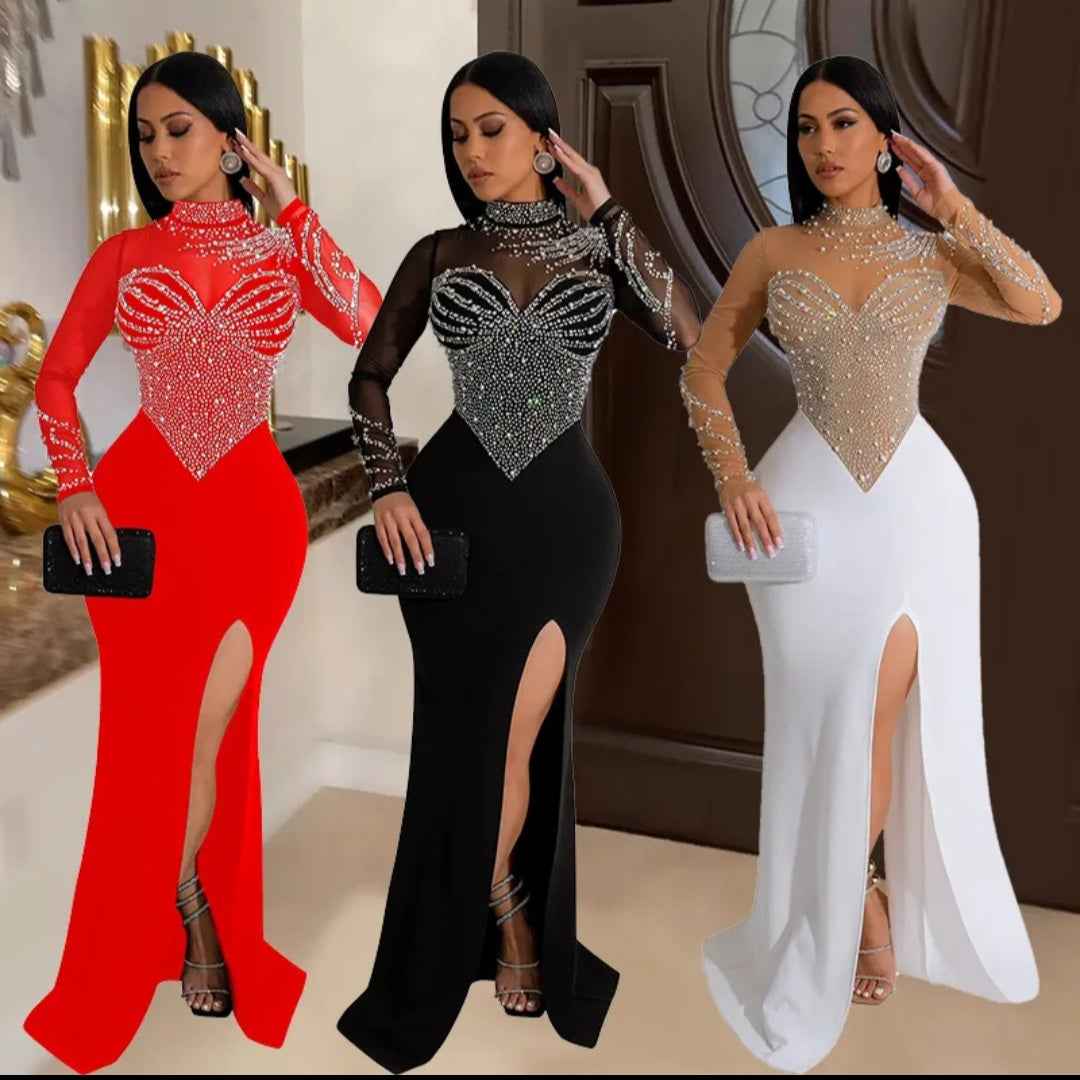 Sheer Mesh Beaded Mock Neck Mermaid Gown with Slit