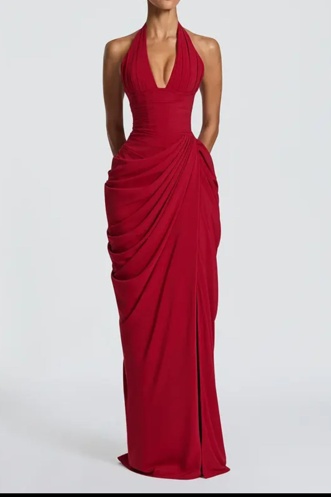 Halter Neck Draped Column Gown with Thigh Slit - Modernrush.us