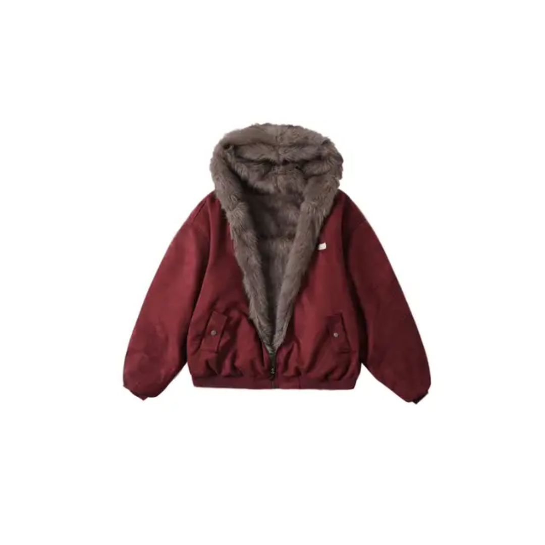Men's Oversized Faux Fur Lined Suede-Look Hooded Jacket / Giacca Uomo Oversize Effetto Scamosciato con Cappuccio in Pelliccia Sintetica