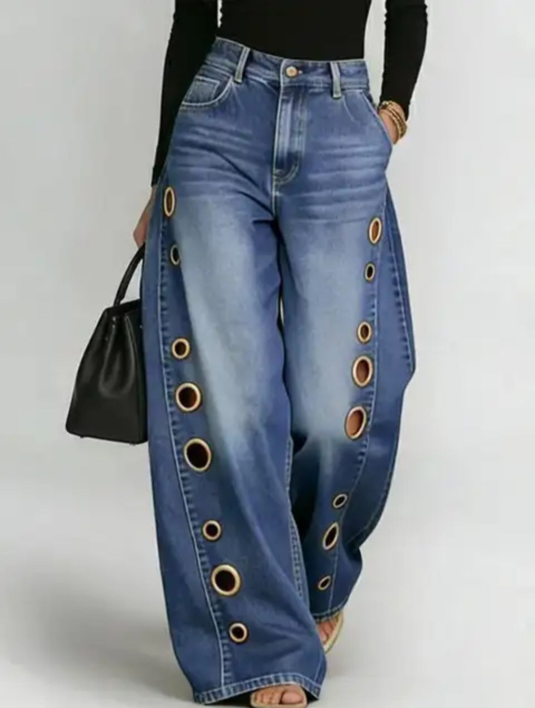 Metal Eyelet Grommet Wide-Leg Jeans