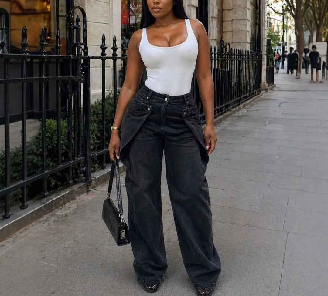 Asymmetrical Draped-Waist Wide-Leg Jeans
