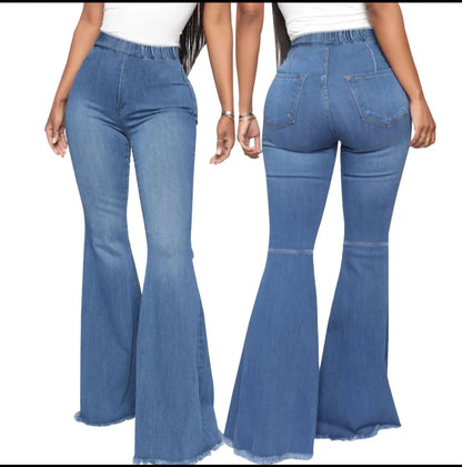 Women Flare Wide Leg Jeans Mid Waist Stretch Spandex Enzyme Wash Color Fade Proof Eco-Friendly