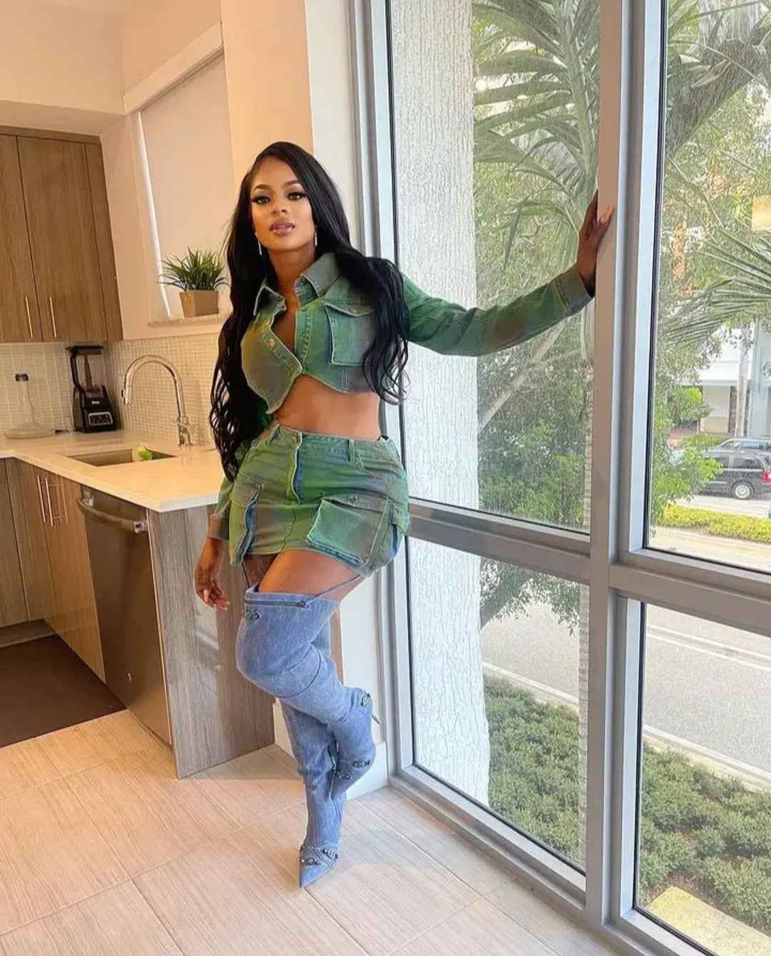 Cropped Denim Jacket & Cargo Mini Skirt Set