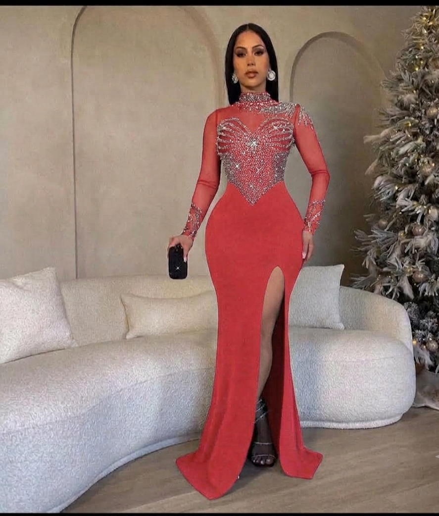 Sheer Mesh Beaded Mock Neck Mermaid Gown with Slit