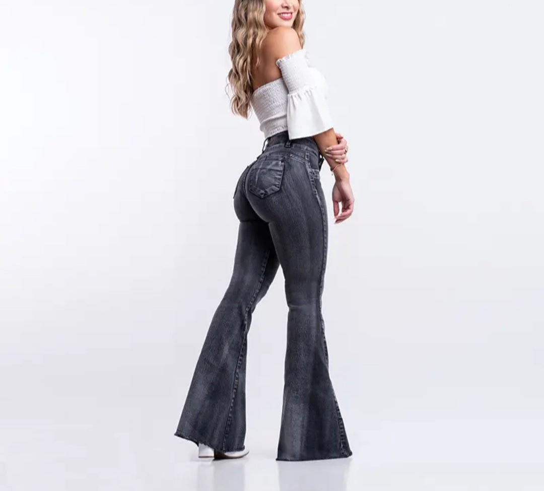 Custom High Stretch Grey Washed Butt Lifting Flare Jeans Women Vendor OEM Bulk Denim Pants