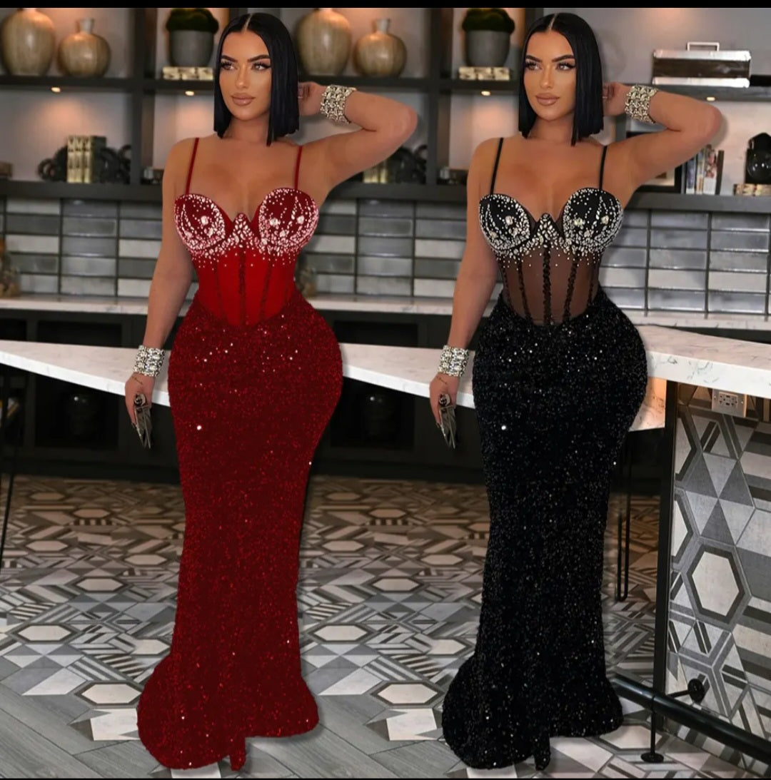 Rhinestone Bustier Sequin Mermaid Evening Gown with High Slit and Sweep Train