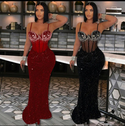 Rhinestone Bustier Sequin Mermaid Evening Gown with High Slit and Sweep Train